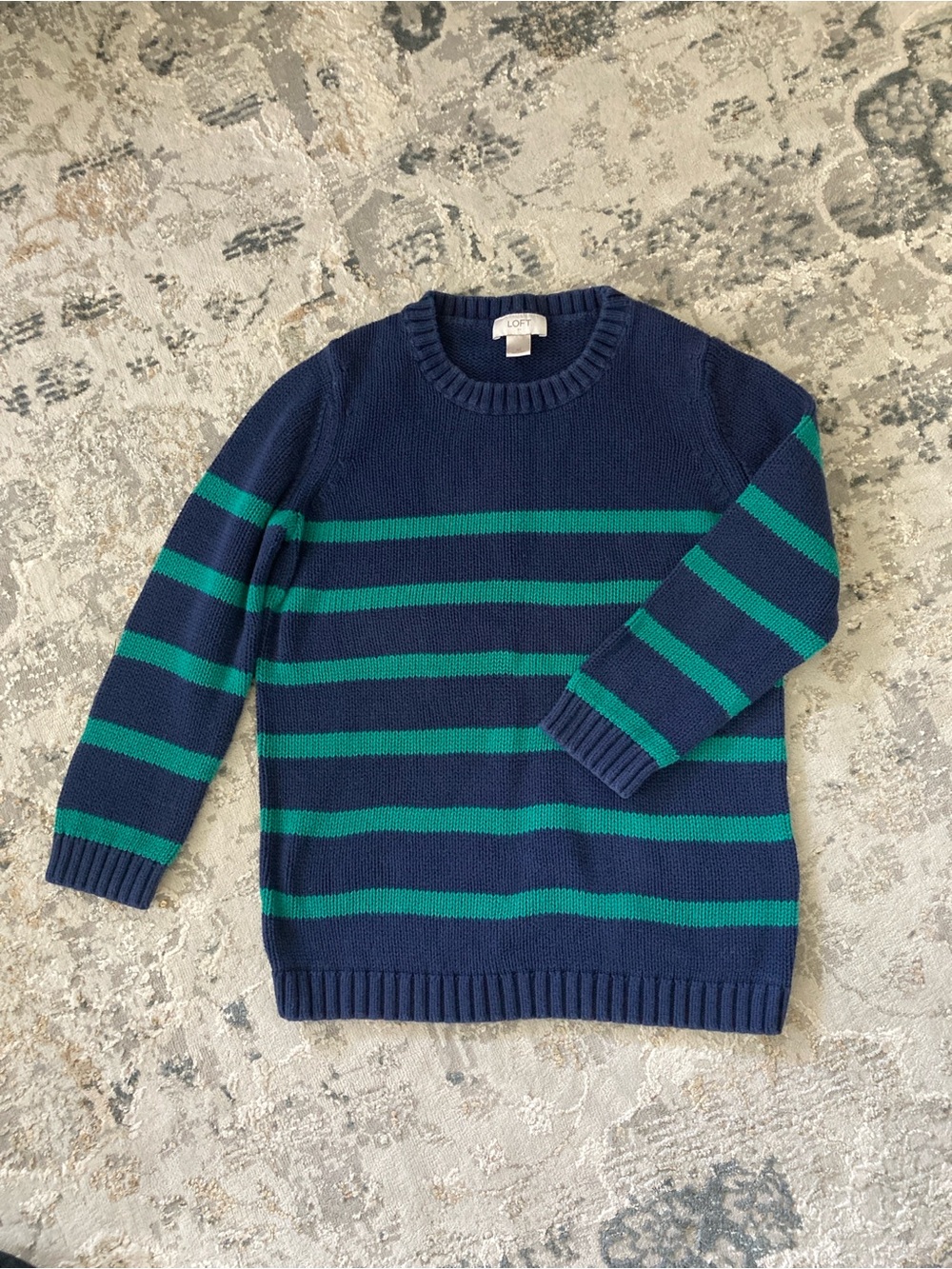 LOFT Women’s Navy Crewneck Sweater with Green Stripes